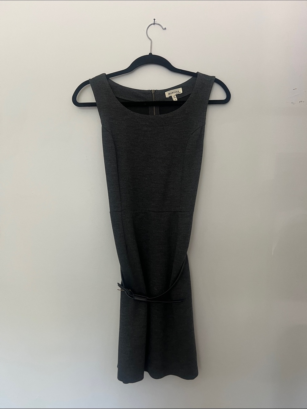 Monteau Los Angeles Sleeveless Charcoal Gray Midi Sheath Dress with Belt